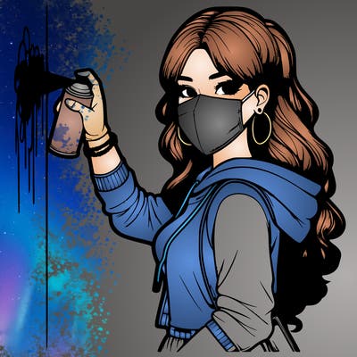 realistic girl with mask spray painting a wall