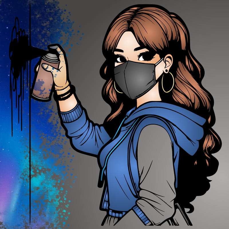 realistic girl with mask spray painting a wall