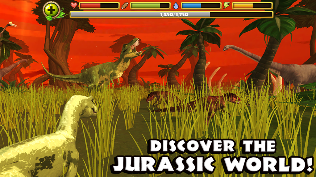 A group of dinosaurs including velociraptors and a T-Rex in a prehistoric jungle setting from the Dino Simulator game