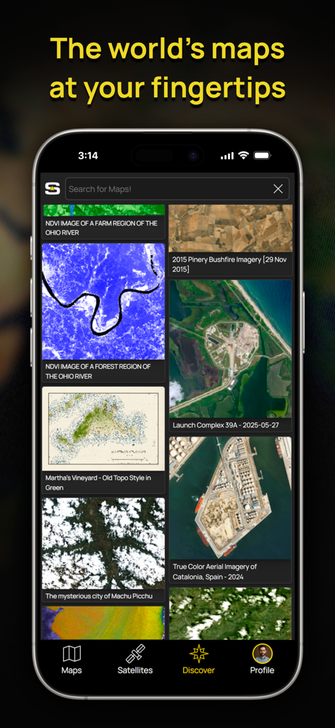 Soar - The New Atlas - Screenshot of the Soar app discover screen displaying various satellite and aerial maps