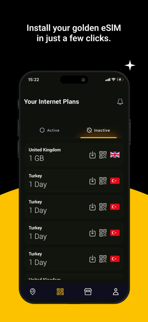 Golden eSIM - Global Internet - Una pantalla de smartphone que muestra la aplicación Golden eSIM con una lista de planes de internet inactivos para el Reino Unido y Turquía.