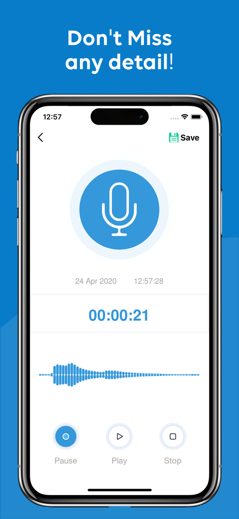 Voice Memos & Sound Recorder - Interface of the Voice Memos and Sound Recorder app showing an active audio recording with a visual waveform and timer