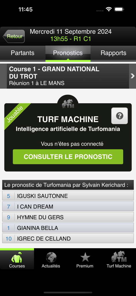 Turfomania - Turf et pronostic - Interface de l'application mobile Turfomania affichant les pronostics de courses hippiques et la fonctionnalité IA Turf Machine.