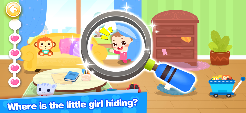 A magnifying glass reveals a girl hiding behind a curtain in a colorful cartoon playroom.