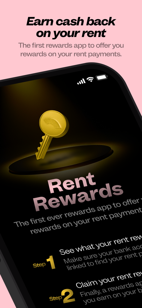 Bridge: Debit Card Rewards - Promotional screen for the Bridge app showing Rent Rewards feature with a golden key icon.