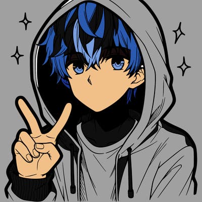 teenage manga boy in a hoodie, doing ✌