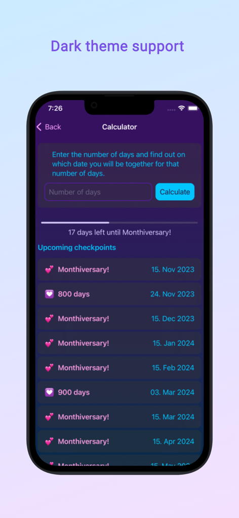 Been in Love - days counter - Relationship anniversary calculator and upcoming milestones list shown in dark theme mode.
