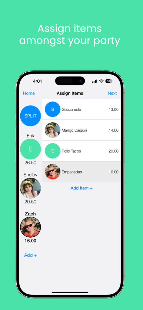 Forkit app interface for assigning individual receipt items to friends for bill splitting