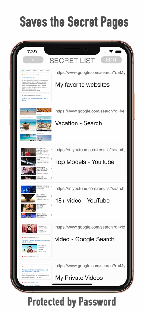 Private Browser - Secret Pages - Smartphone screen showing a secret list of private bookmarks and videos protected by a password in the Private Browser app