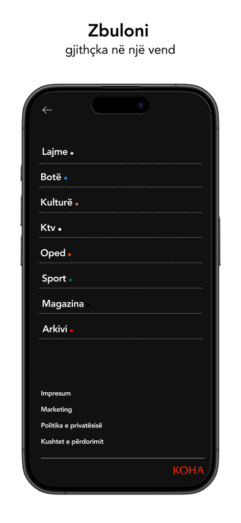 Koha - The navigation menu of the Koha news app showing categories like news world culture and sports in Albanian