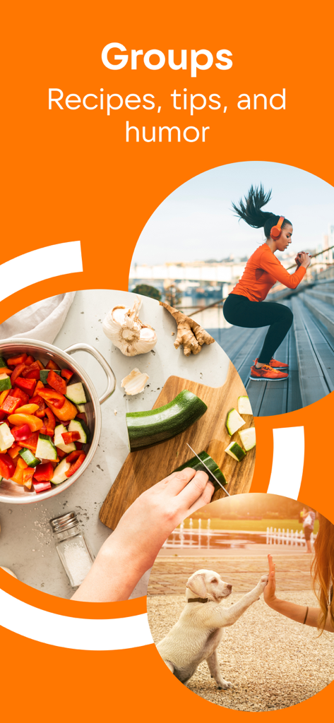 Schermata dell'app Odnoklassniki che mostra gruppi di interesse per ricette, consigli e umorismo con immagini di cucina, fitness e una persona che fa il cinque a un cane.