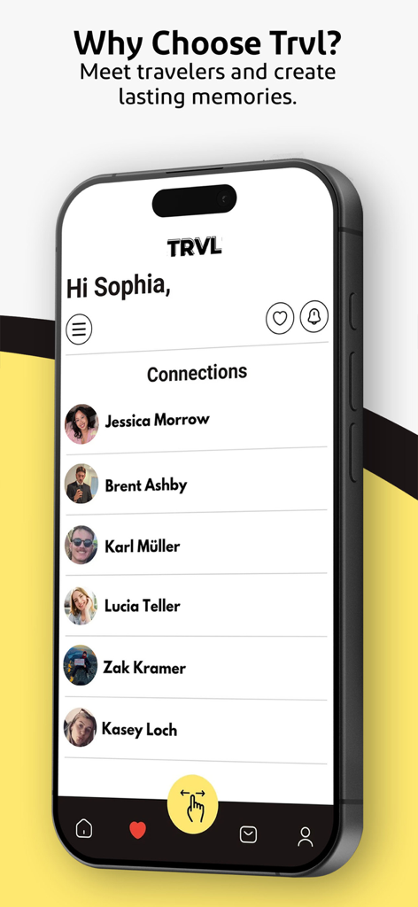 TRVL - Travel & Meet Friends - Smartphone screen showing the connections list in the TRVL app for meeting new travel friends