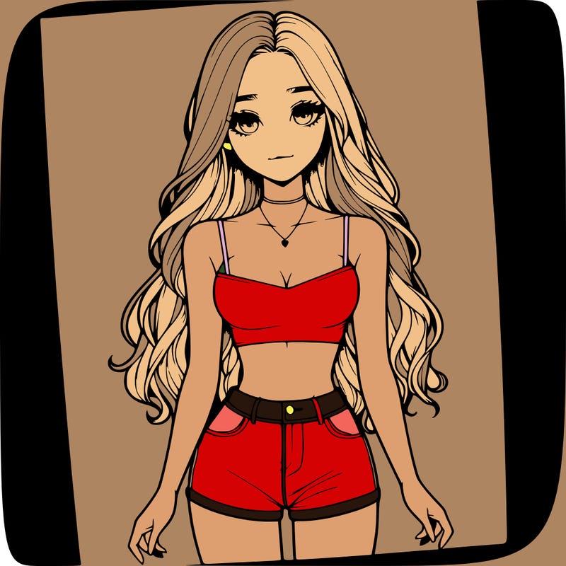 a realistic girl with long hair and in a crop top and shprts