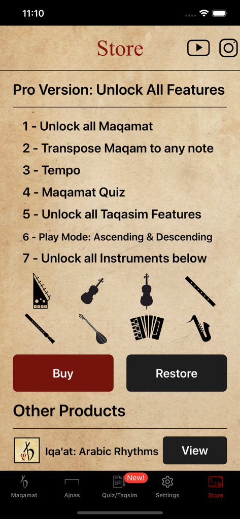 Maqamat Al-Arabiya - Maqamat Al-Arabiya app store screen showing pro version features and unlockable instruments