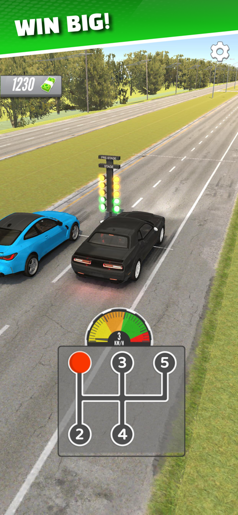 Drift 2 Drag - Two cars at the starting line of a drag race with manual gear shifter controls