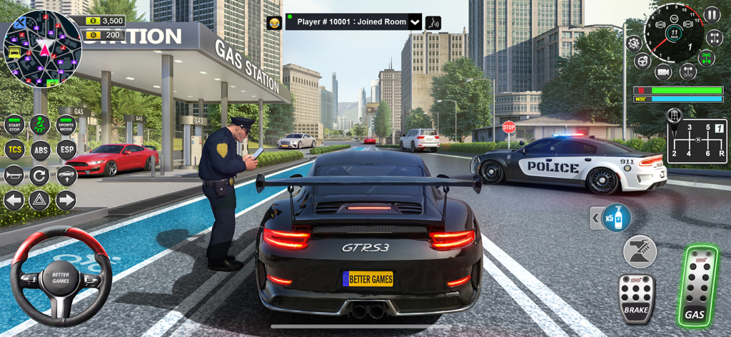 Gameplay screenshot showing a black sports car in a city environment next to a gas station and a police car