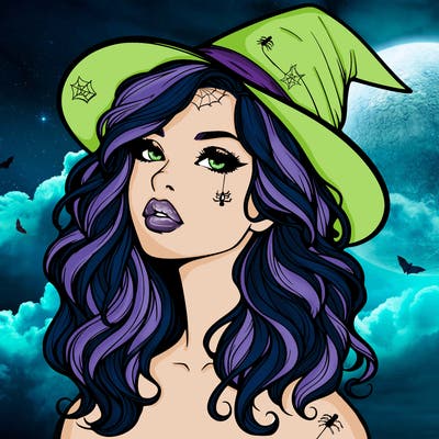 realistic witch girl with wavy hair and lips