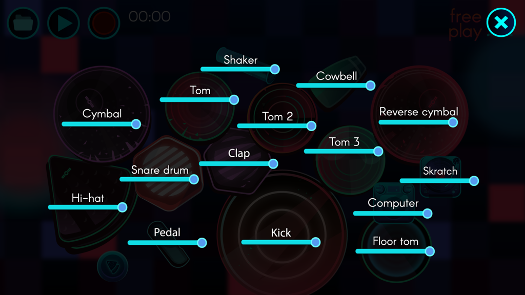 A digital drum kit layout in the Electronic Drums app with labeled percussion pads