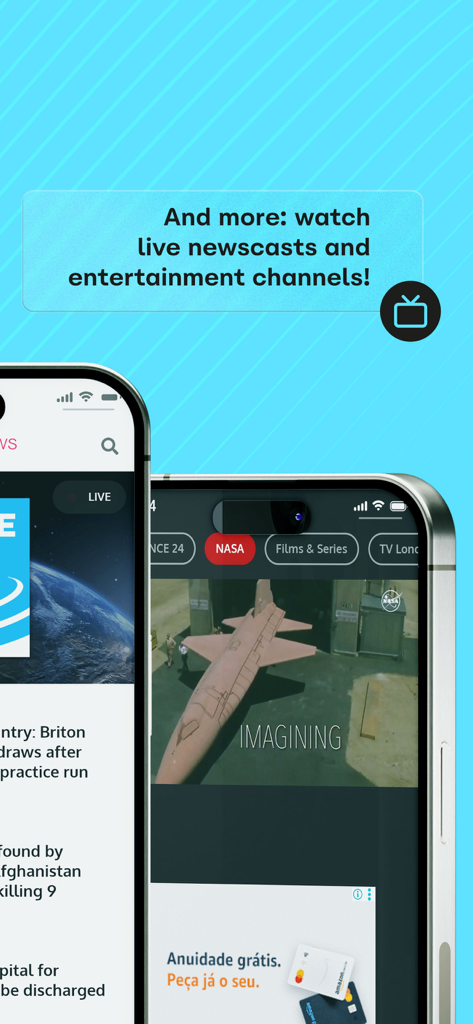 AppNews - Telas de smartphone exibindo canais de notícias e entretenimento ao vivo no aplicativo AppNews.