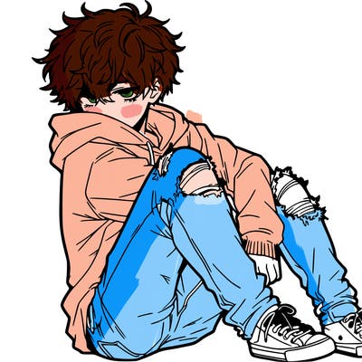 a male hoddie ripped jeans messy hair anime