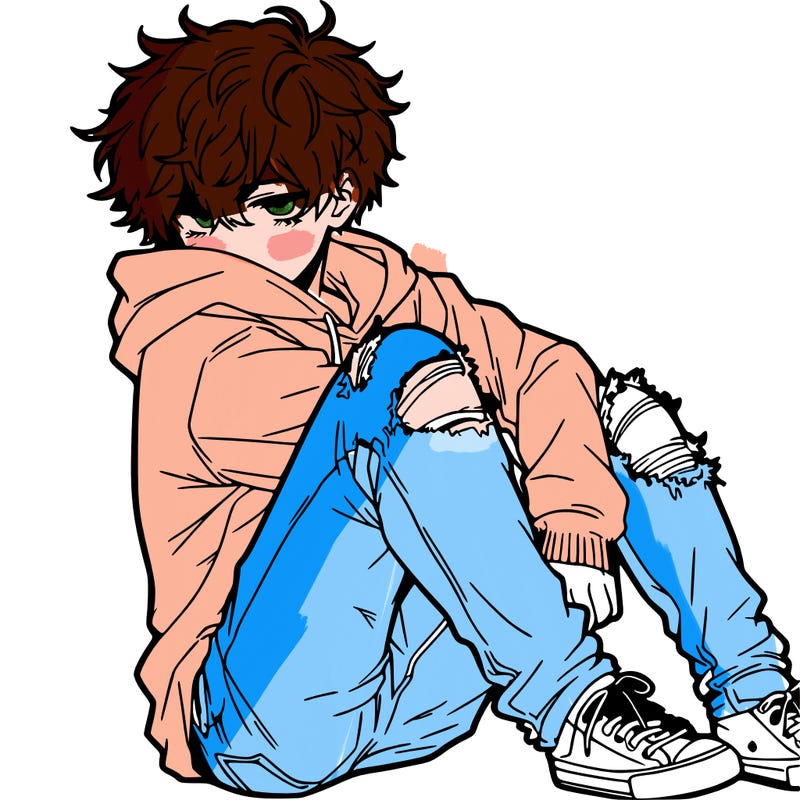 a male hoddie ripped jeans messy hair anime
