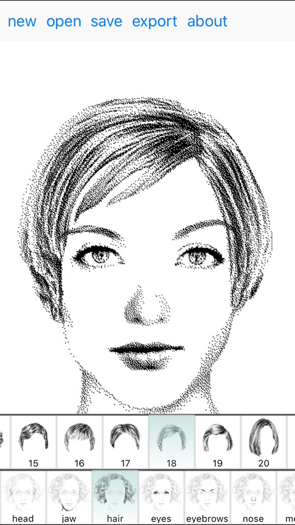 Forensic sketch artist interface in the FlashFace Woman app showing a female composite face and hair selection options.