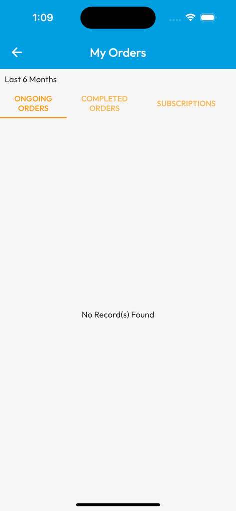 Mother Dairy app My Orders screen showing tabs for ongoing orders, completed orders, and subscriptions.
