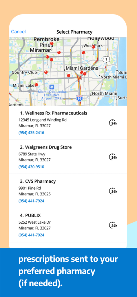 A screenshot of the MDLIVE app showing a map and list of local pharmacies for prescription delivery.