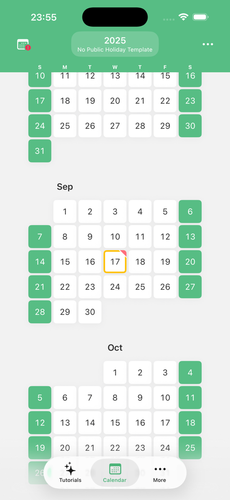 Off Day app calendar view showing September and October 2025 with color coded holiday and work schedules