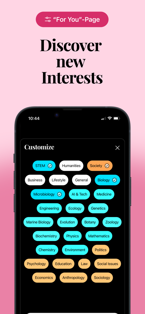 Hivemind: Study by Scrolling - A user interface showing various educational categories like STEM and Biology for a personalized study feed.
