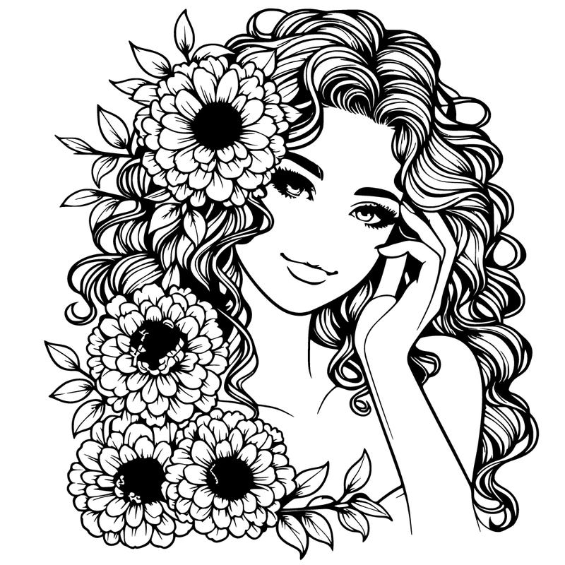 beautiful woman with flowers in curly hair realistic