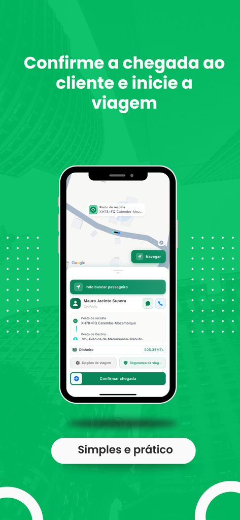 Rucca - Para Motoristas - Rucca driver app interface showing passenger pickup details and arrival confirmation button