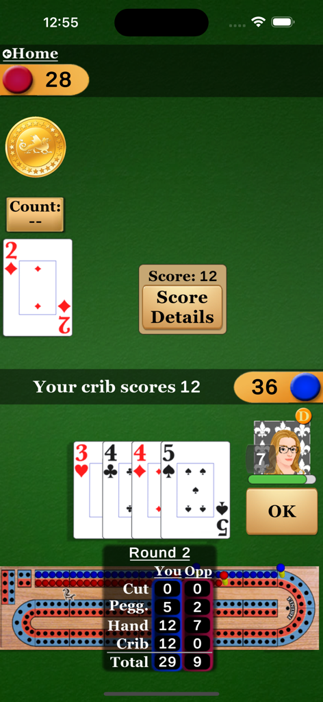 Cribbage Pro - Interfaz del juego Cribbage Pro mostrando el resumen de puntuación y el tablero de clavijas tradicional.