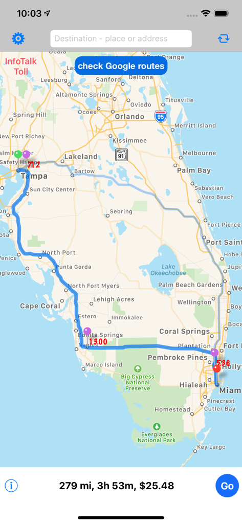 App-Oberfläche zeigt eine Route von Tampa nach Miami mit Entfernung, Fahrzeit und geschätzter Mautkostenberechnung