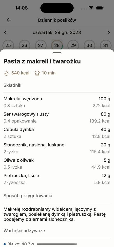 SylwetkaPro - Detailed recipe view in the SylwetkaPro app showing ingredients and preparation for a mackerel and cottage cheese dish