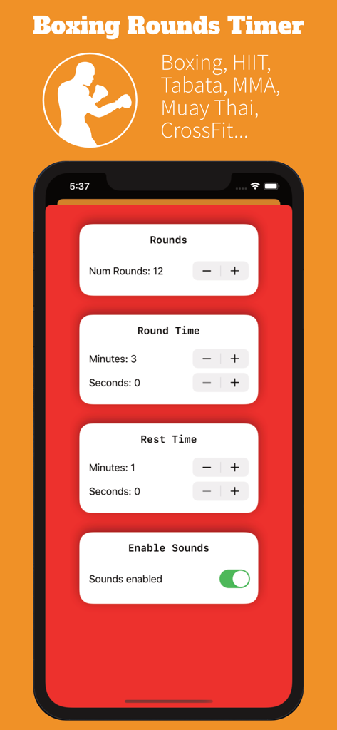 Boxing Rounds Timer - Settings screen of the Boxing Rounds Timer app for customizing workout intervals