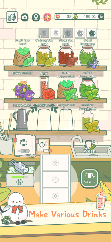 Little Corner Tea House - Interface for crafting drinks in Little Corner Tea House with jars of tea leaves and herbs on shelves.