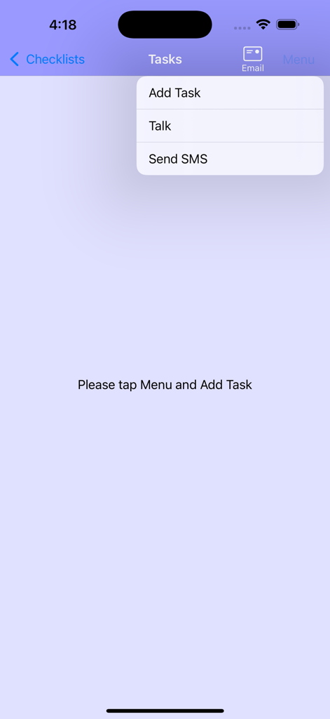 Pilot Checklist - Pilot Checklist app interface showing the tasks menu with options for adding tasks and voice synthesis.
