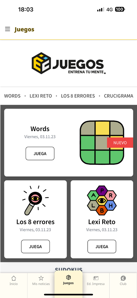 Sezione di giochi e puzzle mentali nell'app El Comercio Peru
