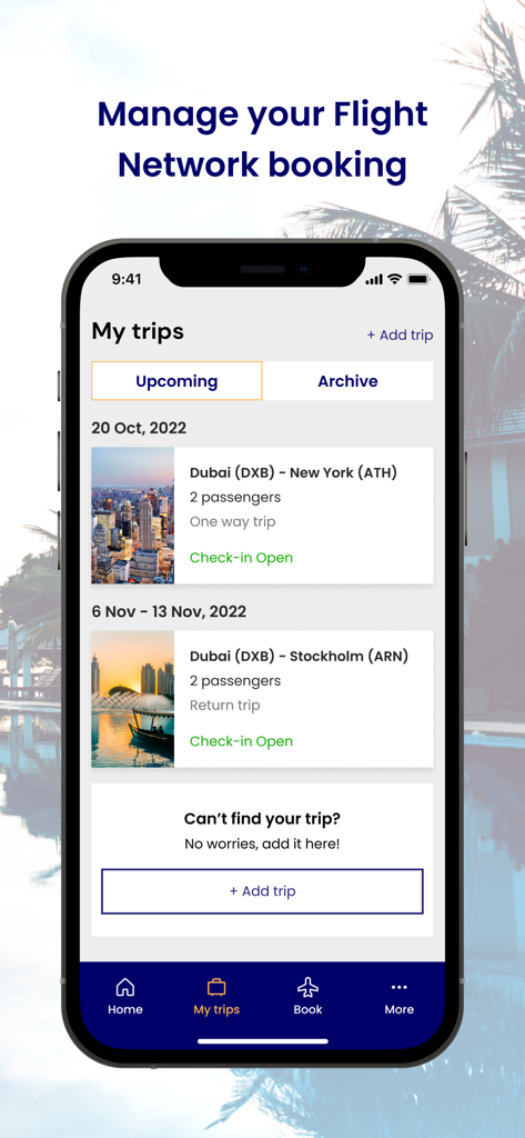 Flightnetwork - Flightnetworkアプリでの今後の旅行予約を表示する携帯電話画面。