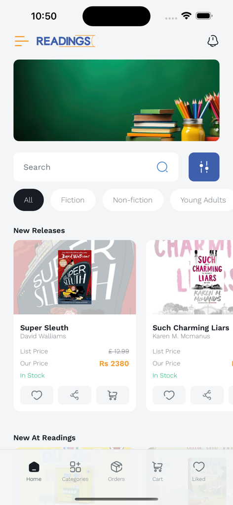 Readings App - La pantalla de inicio de la aplicación Readings que muestra nuevos lanzamientos de libros y categorías como ficción y no ficción