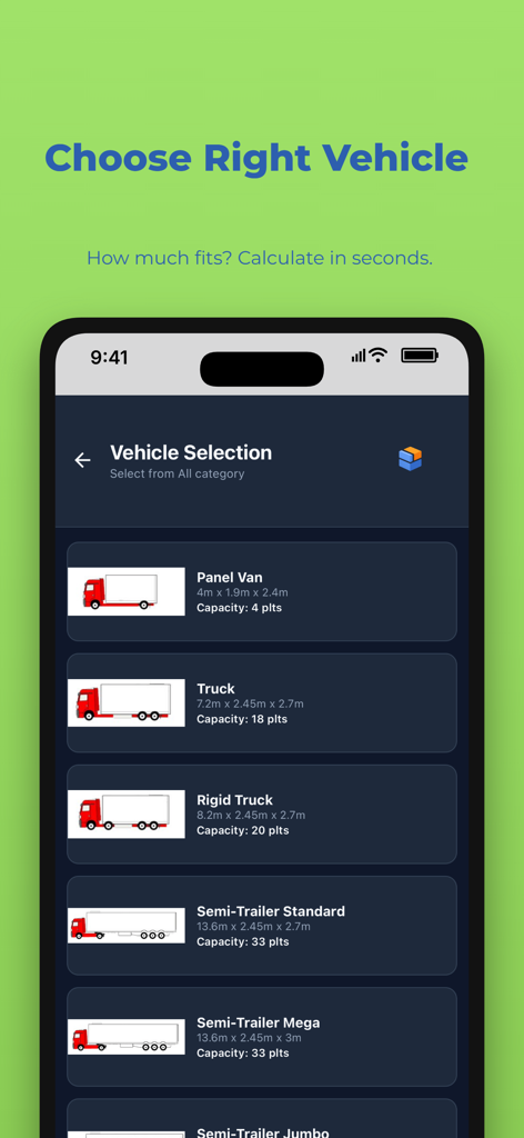 CargoFit Load Planner - Pantalla de la aplicación móvil CargoFit Load Planner que muestra una lista de vehículos como furgonetas y camiones con sus capacidades de carga y dimensiones.