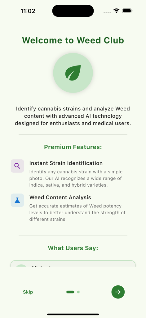 Weed Scan AI : THC Identifier - Welcome screen of the Weed Scan AI app showing strain identification and content analysis features