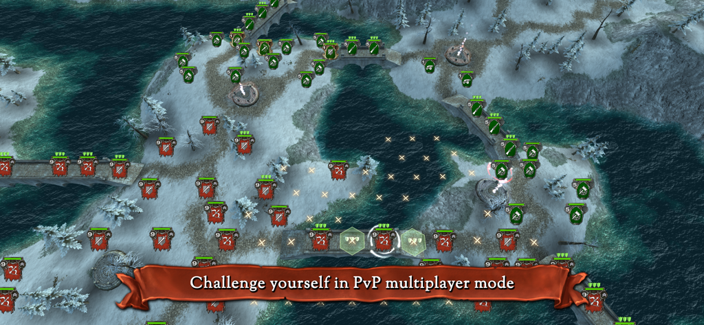 Turn-based PvP multiplayer battle on a snowy tactical map in Hex Commander Fantasy Heroes