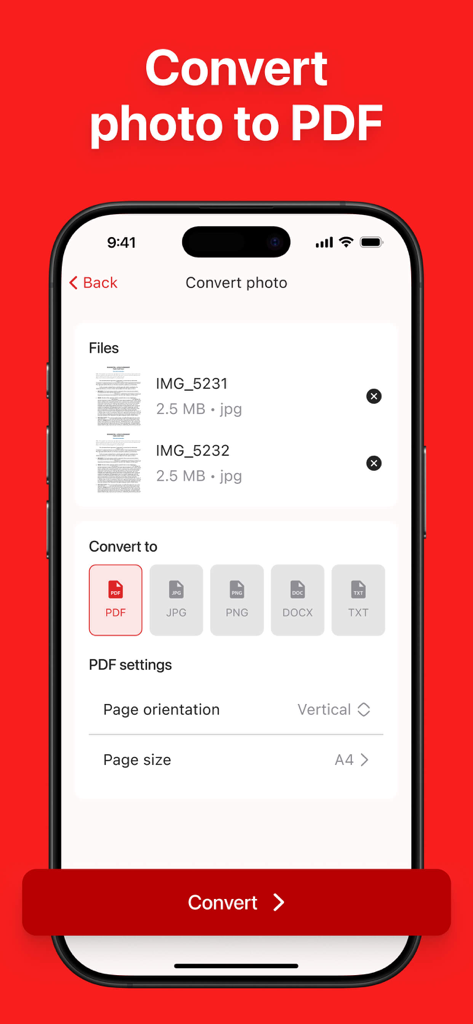 Interface de aplicativo móvel mostrando o processo de conversão de várias imagens JPG em um PDF com configurações personalizadas de tamanho de página e orientação.