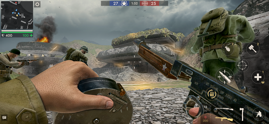 First person perspective of a soldier reloading a submachine gun on a World War II battlefield with bunkers and other soldiers.