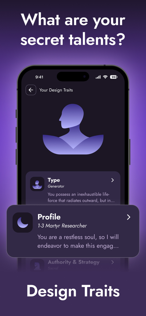 Interface of the Stella app displaying personalized Human Design traits like Type and Profile on a dark purple background