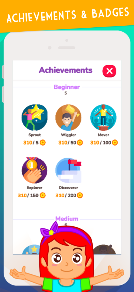 Kids Exercise : Kids Workout - 子供向けエクササイズアプリの成果とバッジ画面。SproutやWigglerのような報酬アイコンが表示されています。