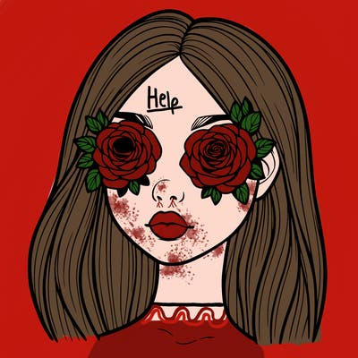a realistic girl with roses for eyes