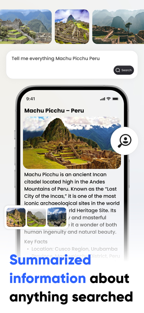 DeepFind app interface displaying a concise AI-generated summary and images for a search about Machu Picchu